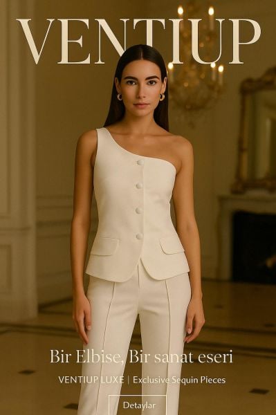 Celeste Asimetrik Parlak Düğmeli Bluz Beyaz