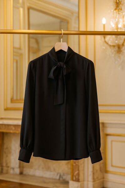 Fiyonk Yaka Uzun Kol Saten Dokulu Bluz – Siyah
