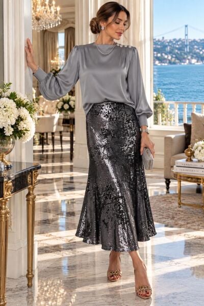 Mat ve Parlak Antrasit Çift Taraflı Payet Etek 85 cm