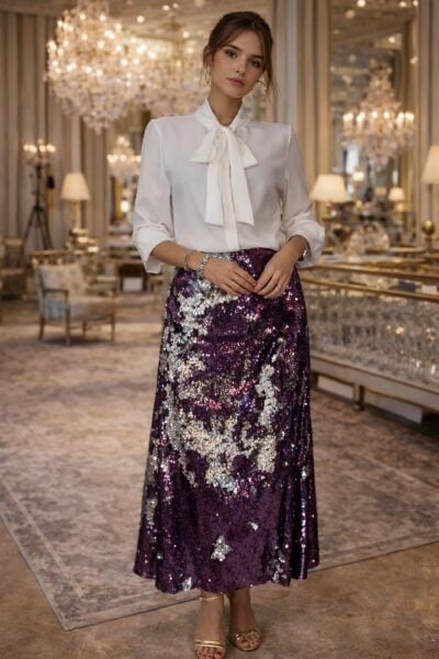 VENTİUP MOR SİLVER ÇİFT TARAFLI PAYET ETEK 85 CM