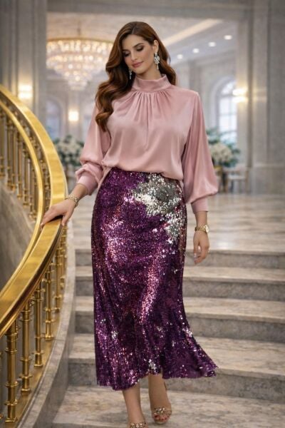 VENTİUP MOR SİLVER ÇİFT TARAFLI PAYET ETEK 85 CM