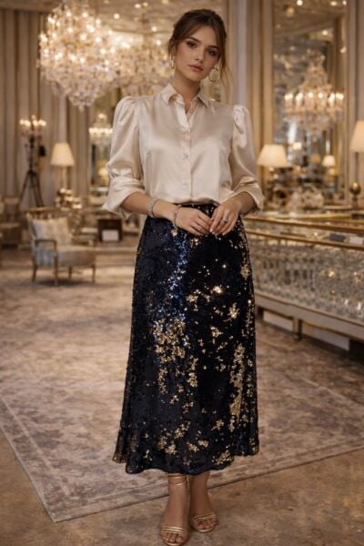 VENTİUP LACİVERT GOLD ÇİFT TARAFLI PAYET ETEK 85 CM