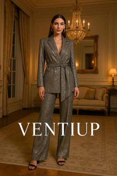 Eliza Silver Payetli Kuşaklı Ceket & Pantolon Takım