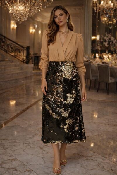 VENTİUP HAKİ GOLD ÇİFT TARAFLI PAYET ETEK 85 CM