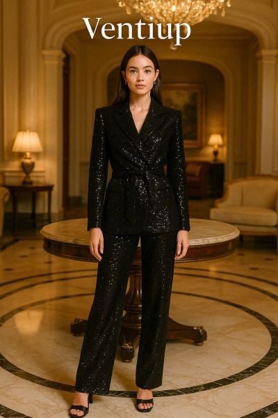 Eliza Siyah Payetli Kuşaklı Ceket & Pantolon Takım
