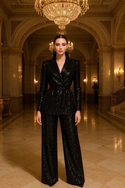 Eliza Siyah Payetli Kuşaklı Ceket & Pantolon Takım