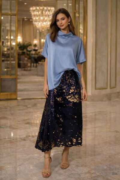 Bebe Mavi İpek Saten Yüksek Yaka Kısa Kol Bluz