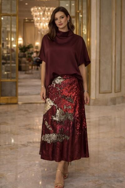 Bordo İpek Saten Yüksek Yaka Kısa Kol Bluz