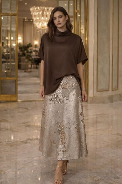 Kahverengi İpek Saten Yüksek Yaka Kısa Kol Bluz