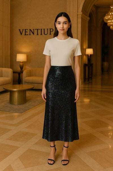 Noir Işıltılı Payetli Midi Etek – Holografik Siyah