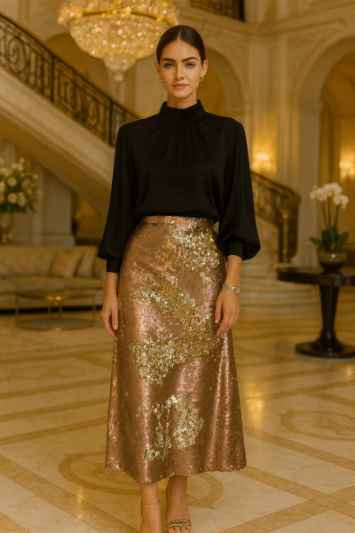 VENTİUP BRONZ GOLD ÇİFT TARAFLI PAYET ETEK 85 CM