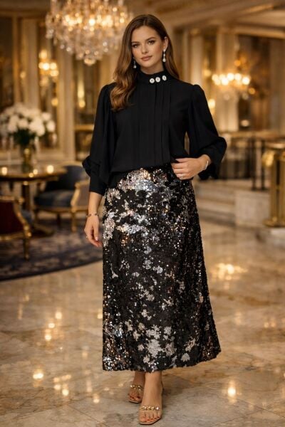 VENTİUP SİYAH SİLVER ÇİFT TARAFLI PAYET ETEK 85 CM