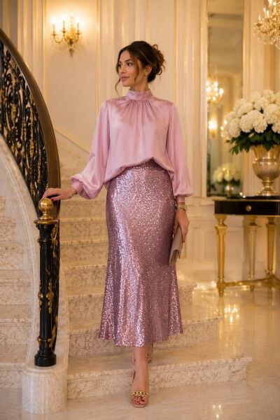 PEMBE YOĞUN PAYETLİ ETEK 85 CM