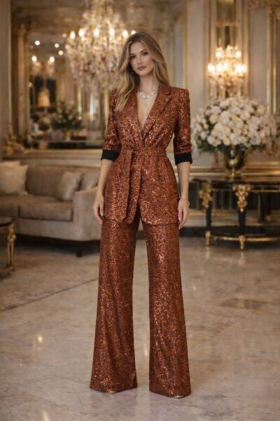 Bakır Payet Ceket ve İspanyol Paça Pantolon Takım