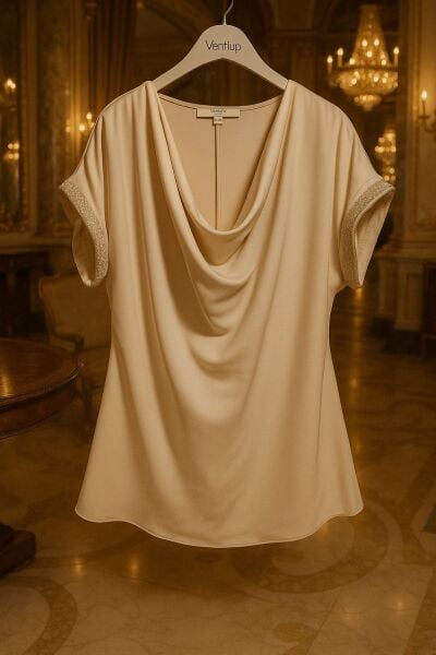Ventiup Luxe Bej Dökümlü Yaka Taş Detaylı Bluz