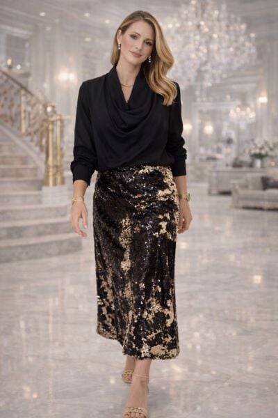 Ventiup Luxe İpeksi Dökümlü Yaka Bluz – Siyah