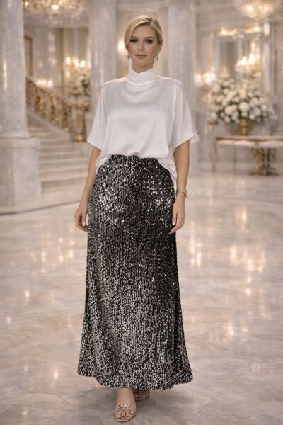 VENTİUP SİYAH SİLVER 92 CM PAYET ETEK UZUN BOY