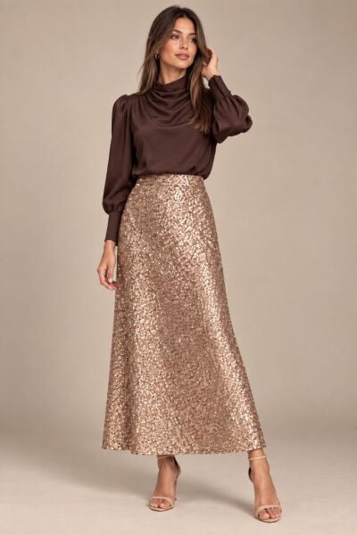 Rose Gold Yoğun Payetli Etek 85 cm