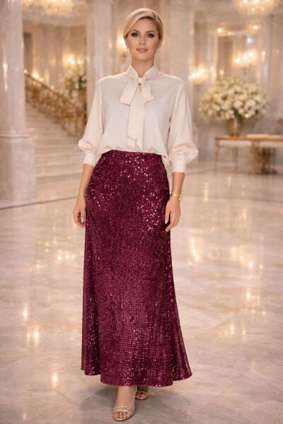 VENTİUP BORDO 92 CM PAYET ETEK UZUN BOY