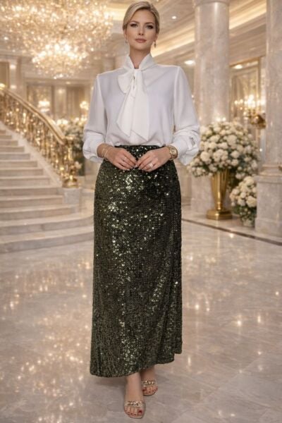 VENTİUP YAĞ YEŞİLİ 92 CM PAYET ETEK UZUN BOY