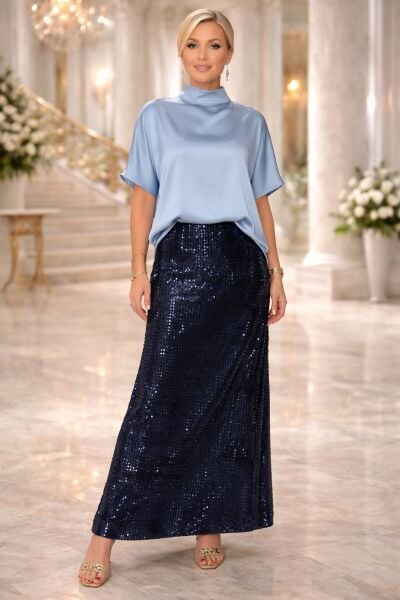 VENTİUP LACİVERT 92 CM PAYET ETEK UZUN BOY