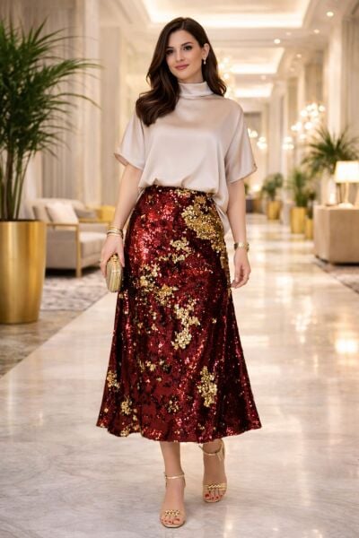 Bordo Gold Çift Taraflı Payet Etek 85 cm